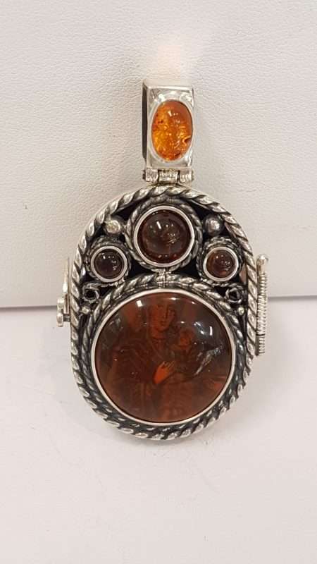 Exquisite Sterling Silver Oval Amber Icon – Handpainted by Polish Artist under a Magnifying Glass - on Beautiful Long Sterling Silver Chain