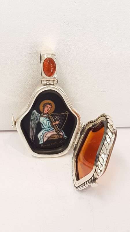 Exquisite Sterling Silver Amber Icon – Handpainted by Polish Artist under a Magnifying Glass - on Beautiful Long Sterling Silver Chain