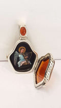 Exquisite Sterling Silver Amber Icon – Handpainted by Polish Artist under a Magnifying Glass - on Beautiful Long Sterling Silver Chain