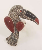 Sterling Silver Large Toucan Ring with Marcasite, Onyx, Garnet and Carnelian