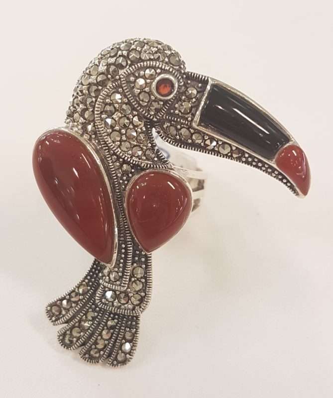 Sterling Silver Large Toucan Ring with Marcasite, Onyx, Garnet and Carnelian
