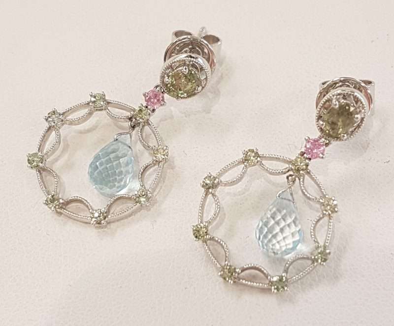 18ct White Gold Topaz, Pink Sapphire and Diamond Round Drop Earrings