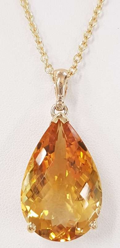 9ct Gold Large Teardrop Shape Citrine Pendant on 9ct Chain