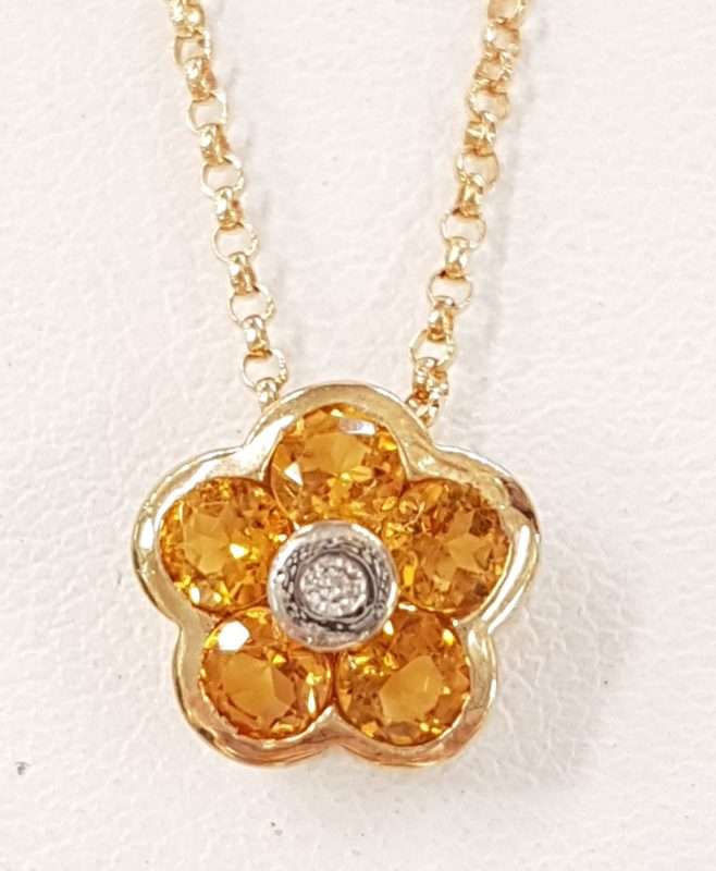 9ct Gold Citrine and Diamond Flower Pendant on 9ct Chain