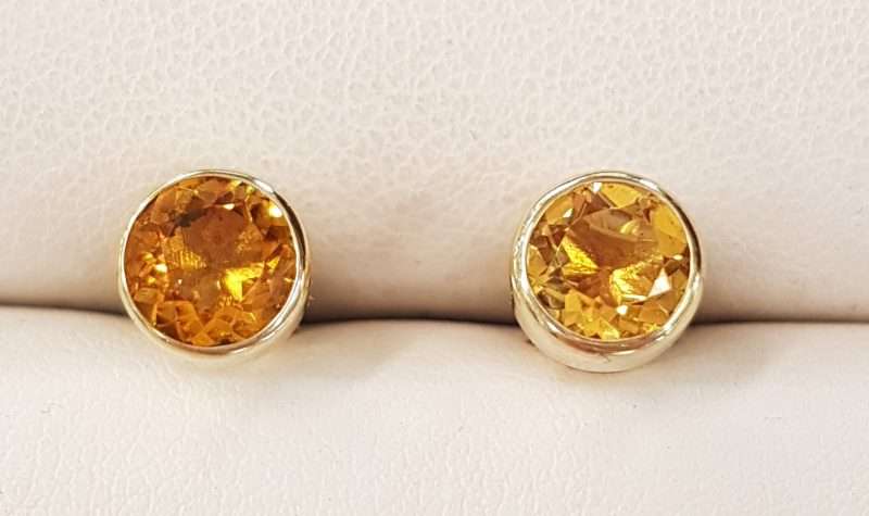 9ct Yellow Gold Citrine Round Bezel Set Studs / Earrings