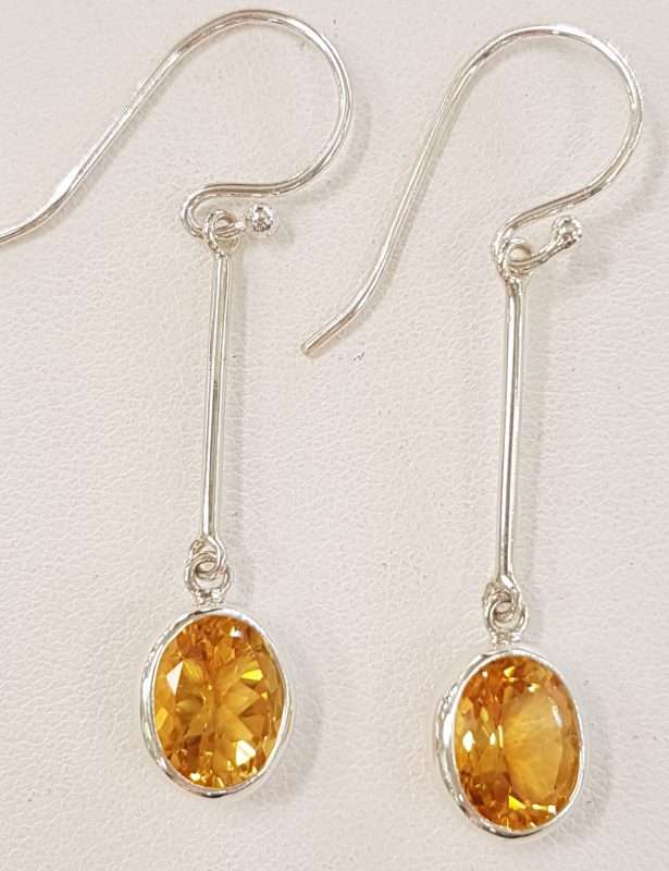 Sterling Silver Long Line Oval Bezel Set Citrine Drop Earrings