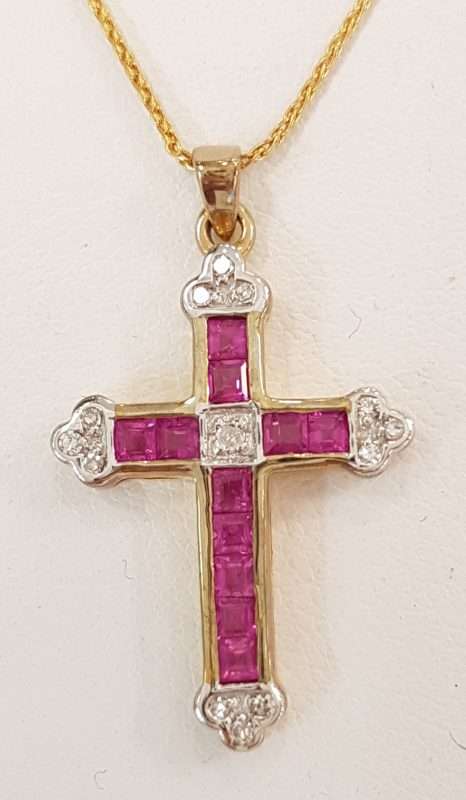9ct Yellow Gold Natural Ruby and Diamond Cross / Crucifix Pendant on 9ct Gold Chain
