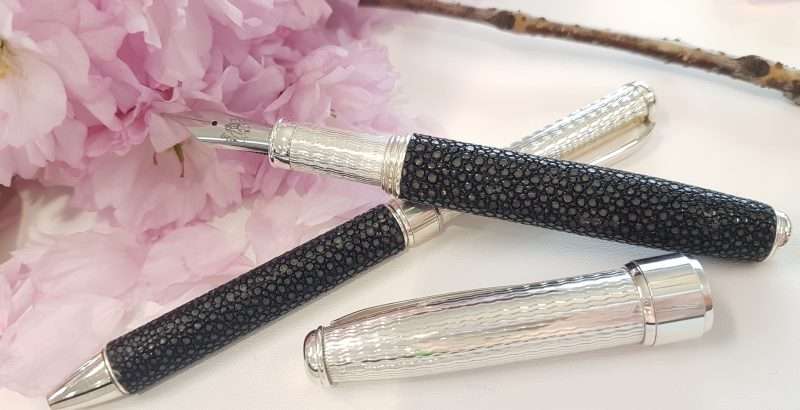 Sterling Silver Fountain Pen and Ball Point Pen - Beautifully Handcrafted in Italy - Sting Ray Leather