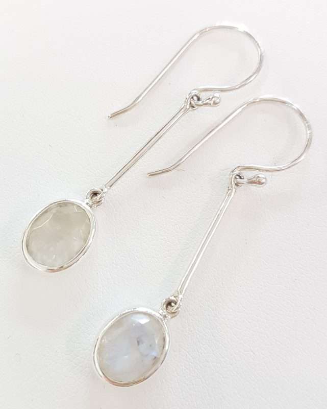Sterling Silver Long Moonstone Oval Drop Earrings