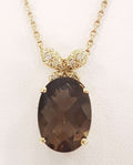 9ct Gold Oval Smokey Quartz and Diamond Pendant on 9ct Chain