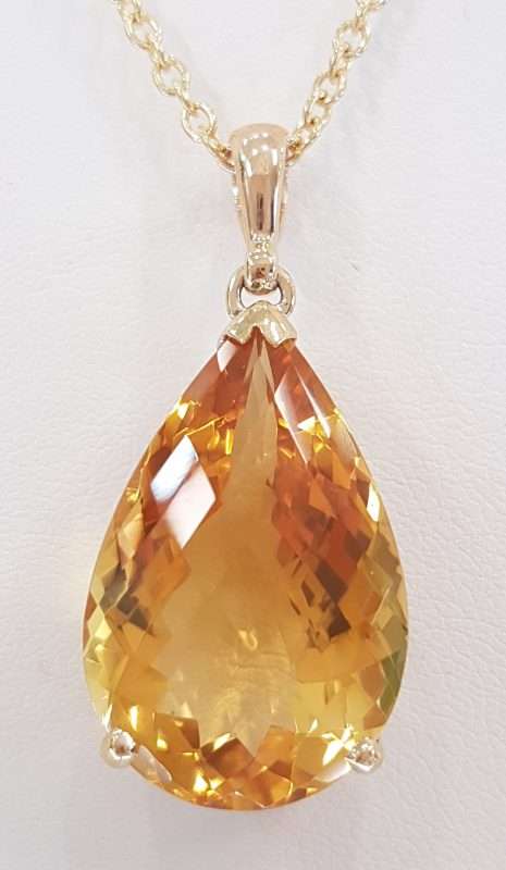 9ct Gold Large Teardrop Citrine Pendant on 9ct Chain