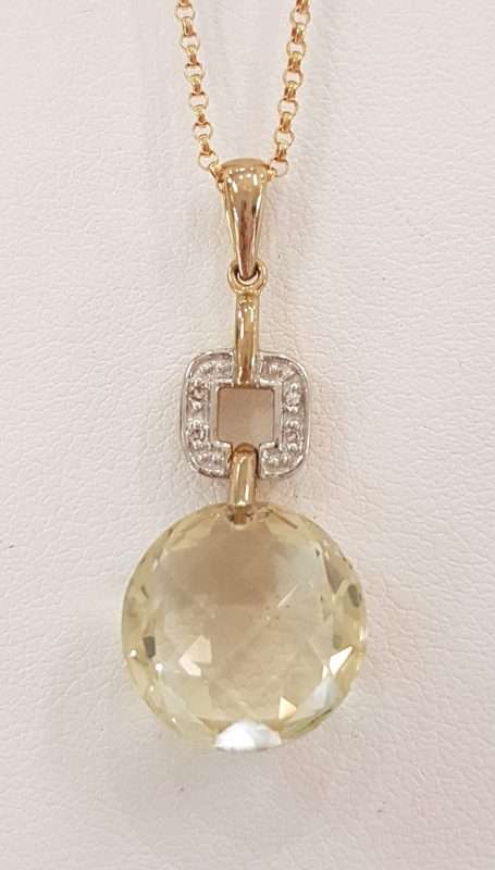9ct Gold Lemon Citrine and Diamond Pendant on 9ct Chain