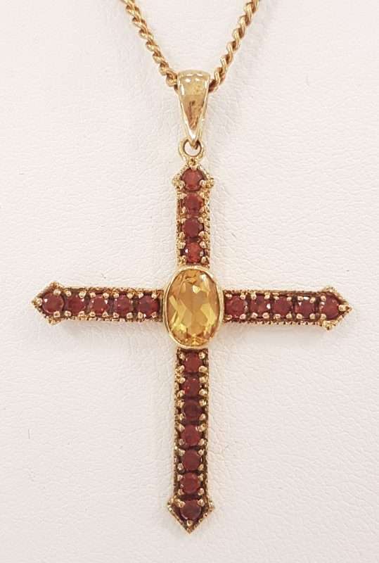 9ct Gold Garnet &amp; Citrine Cross / Crucifix  Pendant on 9ct Chain