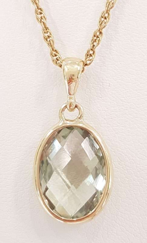 9ct Yellow Gold Oval Green Amethyst / Prasiolite Pendant on 9ct Chain