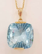 9ct Yellow Gold Large Square Laser Cut Blue Topaz Pendant on 9ct Chain