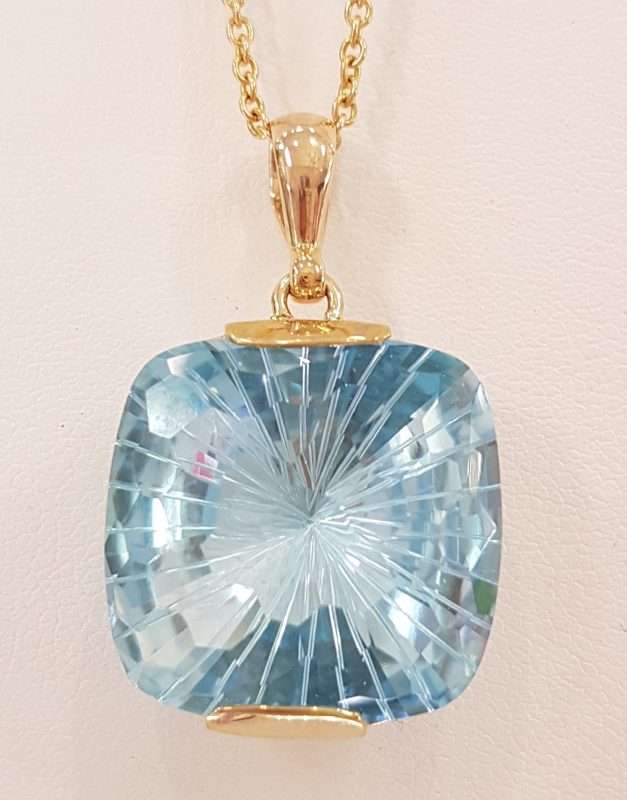 9ct Yellow Gold Large Square Laser Cut Blue Topaz Pendant on 9ct Chain