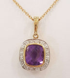 9ct Yellow Gold Amethyst and Diamond Square Cluster Pendant on 9ct Chain