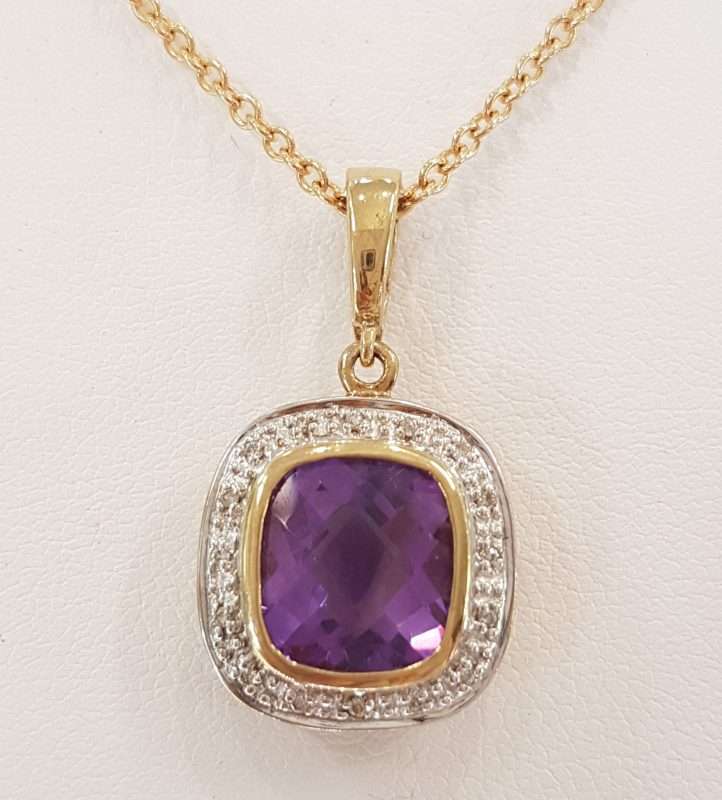 9ct Yellow Gold Amethyst and Diamond Square Cluster Pendant on 9ct Chain