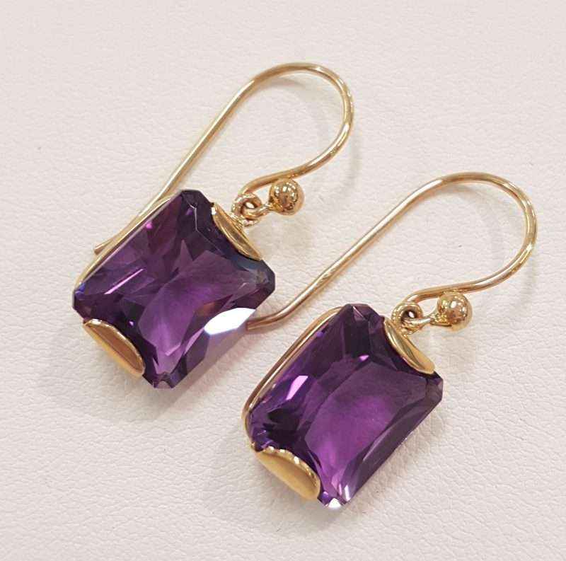 9ct Yellow Gold Rectangular Amethyst Drop Earrings