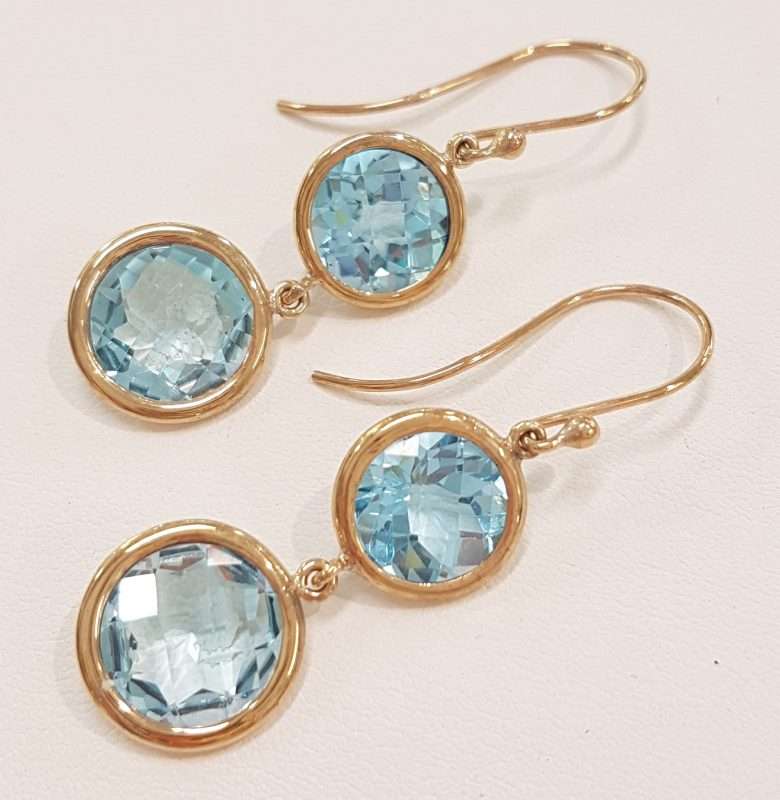9ct Yellow Gold Double Round Blue Topaz Long Drop Earrings