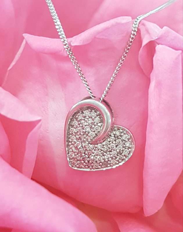 9ct White Gold Heart Diamond Pendant on 9ct Chain