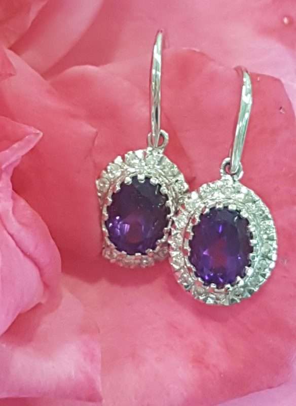 9ct White Gold Oval Amethyst and Diamond Cluster Drop Earrings