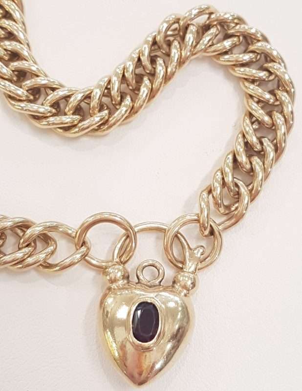 9ct Yellow Gold Curb Link Bracelet with Garnet Padlock Clasp