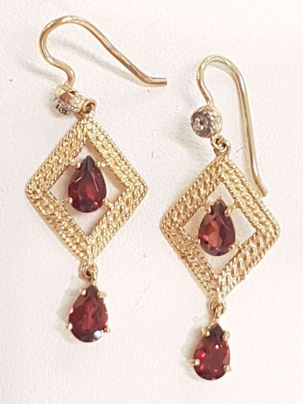 9ct Yellow Gold Garnet Ornate Long Drop Earrings