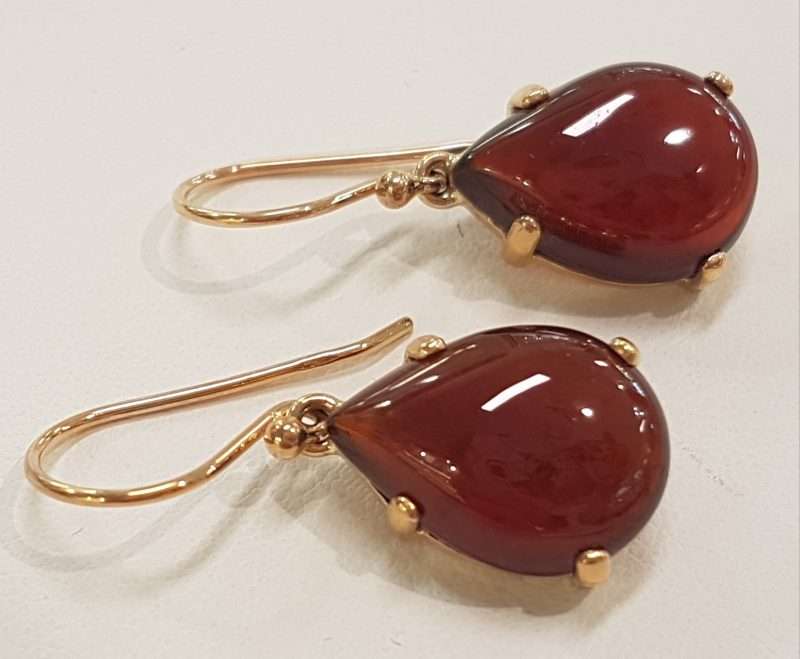 9ct Gold Cabochon Cut Garnet Drop Earrings - Teardrop Shape