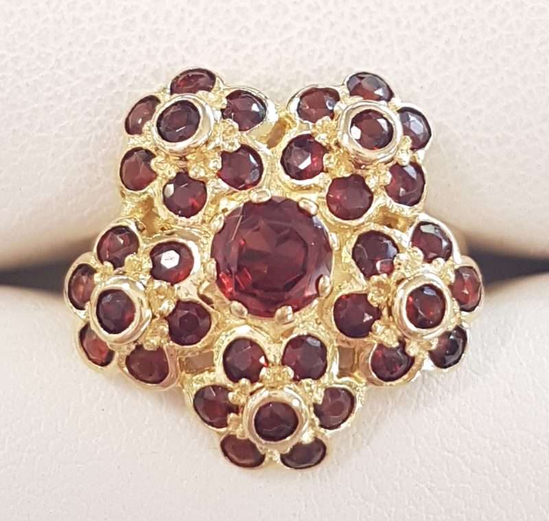 9ct Yellow Gold Garnet Large Exquisite Flower Cluster Ring