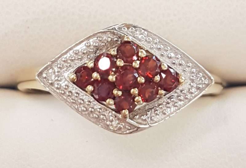 9ct Gold Marquis Shape Garnet and Diamond Cluster Ring