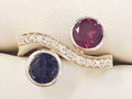9ct Gold Rhodolite Garnet, Iolite and Diamond Curved Ring