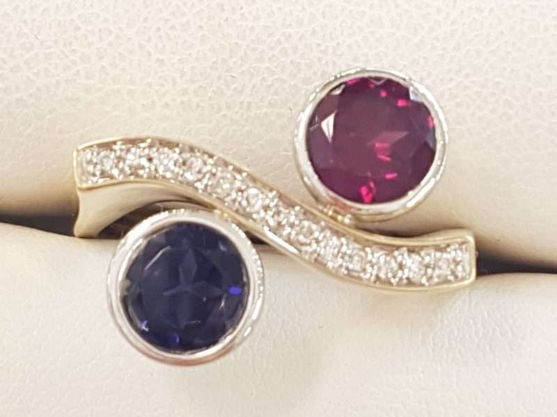 9ct Gold Rhodolite Garnet, Iolite and Diamond Curved Ring