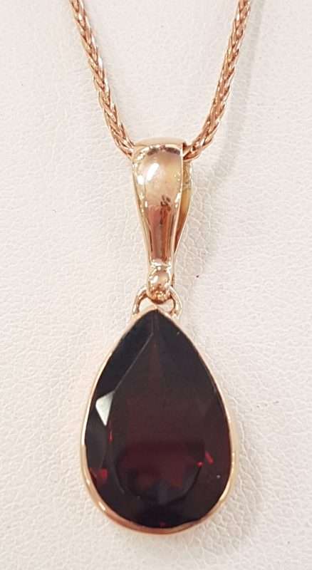 9ct Rose Gold Teardrop Pear Shape Garnet Pendant on 9ct Chain