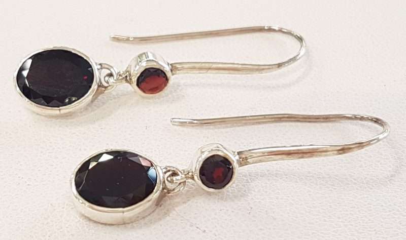 Sterling Silver Garnet Drop Earrings - Oval and Round Drop