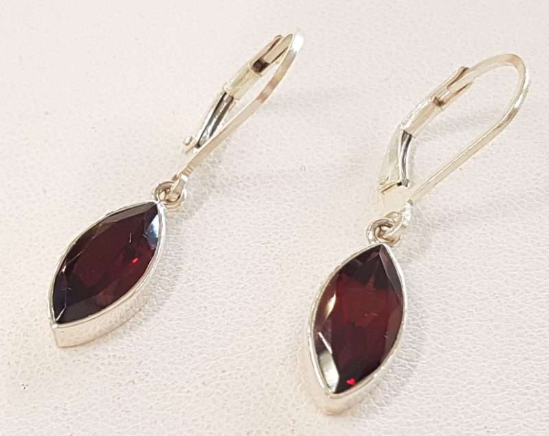 Sterling Silver Garnet Drop Earrings - Marquis Shape