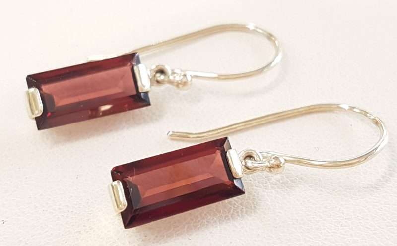Sterling Silver Garnet Drop Earrings - Rectangular