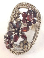 Sterling Silver Marcasite and Garnet Ornate Very Large Open Floral Design Ring