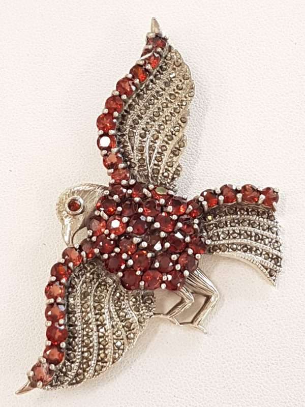 Sterling Silver Marcasite and Garnet Very Large Bird / Eagle Brooch