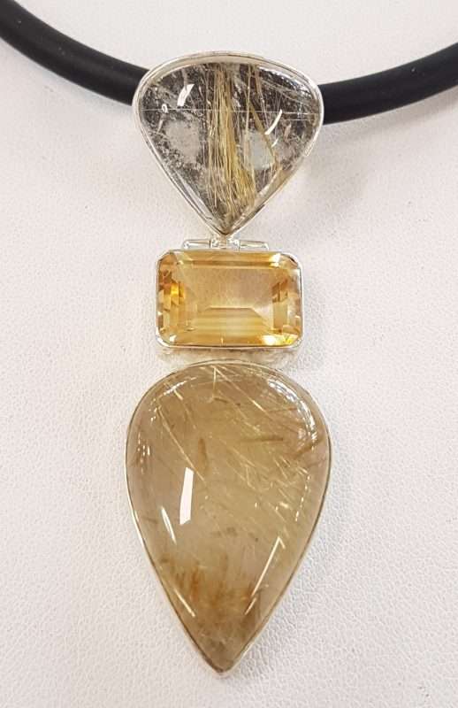 Sterling Silver Large Rutilated Quartz and Citrine Pendant on Black Neoprene Chain