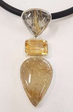 Sterling Silver Large Rutilated Quartz and Citrine Pendant on Black Neoprene Chain
