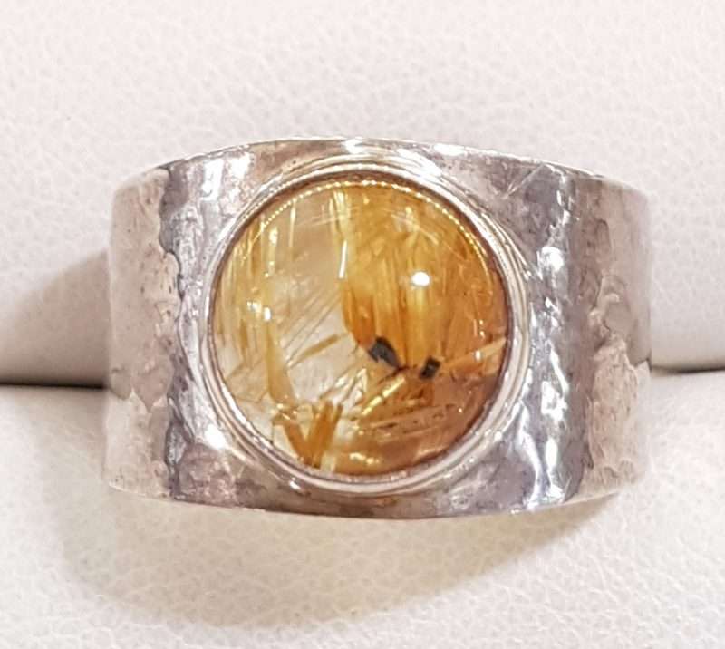 Sterling Silver Round Rutilated Quartz in Wide Band Ring