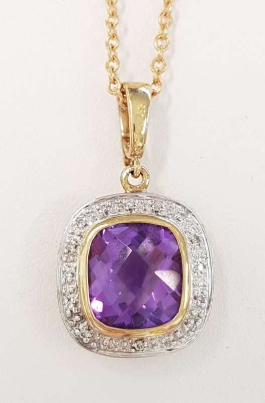 9ct Yellow Gold Amethyst and Diamond Square Cluster Pendant on 9ct Chain