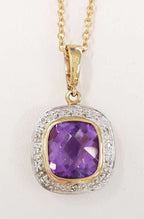 9ct Yellow Gold Amethyst and Diamond Square Cluster Pendant on 9ct Chain