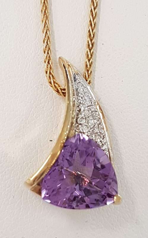9ct Yellow Gold Unusual Amethyst and Diamond Pendant on Gold Snake Chain
