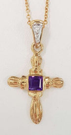 9ct Yellow Gold Amethyst and Diamond Crucifix  / Cross Pendant on 9ct Chain