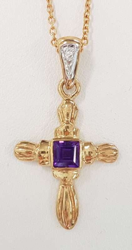 9ct Yellow Gold Amethyst and Diamond Crucifix  / Cross Pendant on 9ct Chain