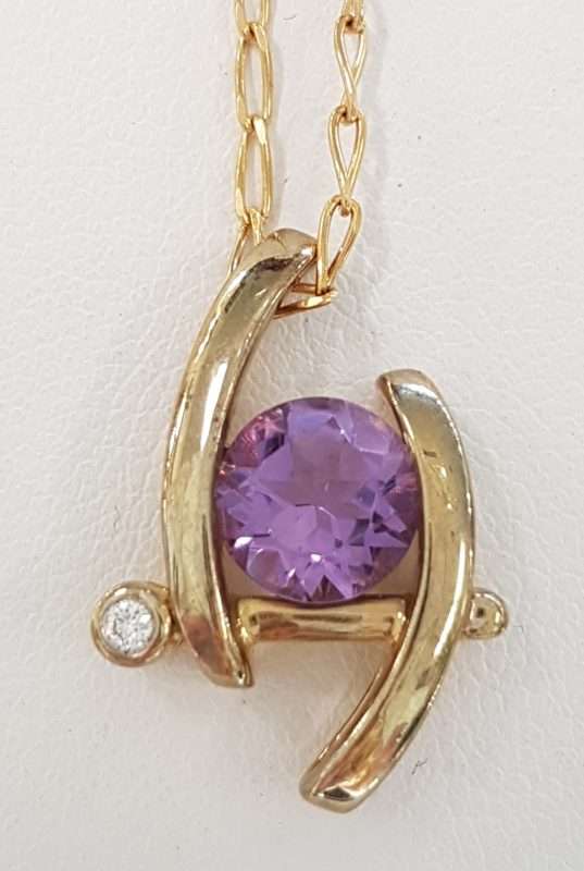 9ct Yellow Gold Amethyst and Diamond Pendant on 9ct Chain
