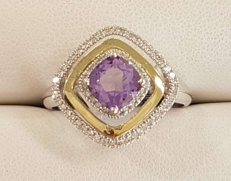 9ct Yellow Gold and White Gold Amethyst and Diamond Cluster Ring - Square