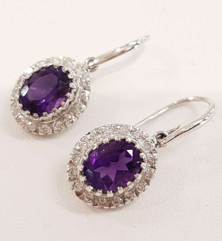 9ct White Gold Oval Amethyst and Diamond Cluster Drop Earrings